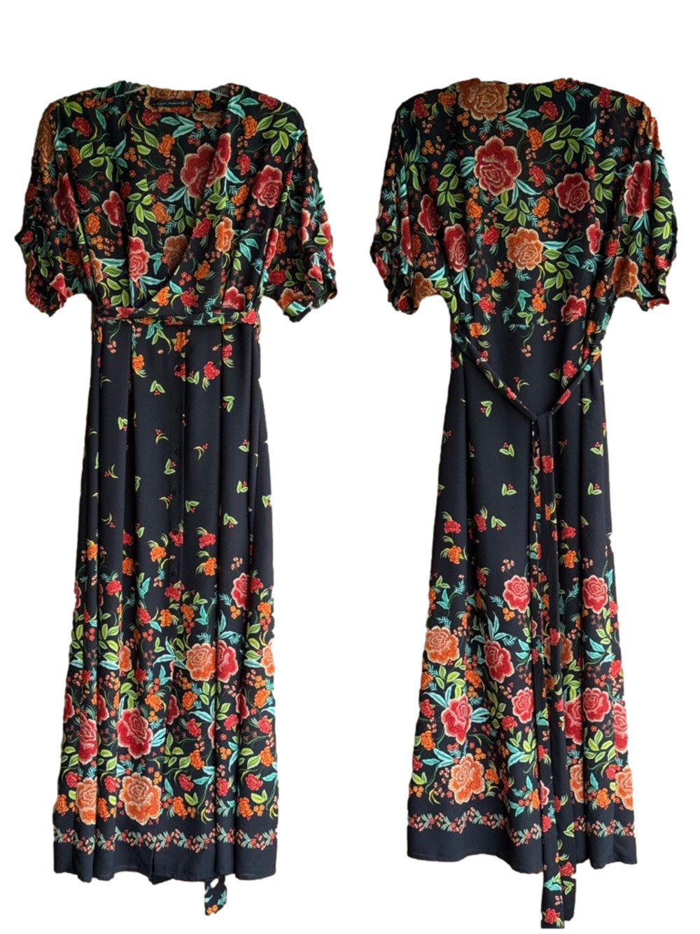 Zara Black Maxi Dress with Red & Orange Floral Accents